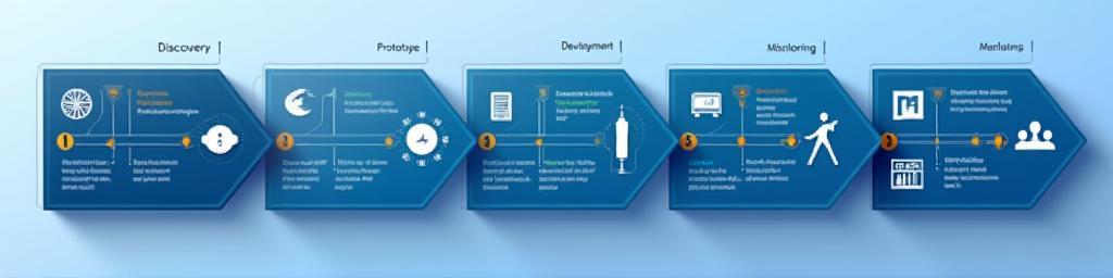 Linear flowchart showing discovery, prototype, development, deployment and monitoring steps with icons